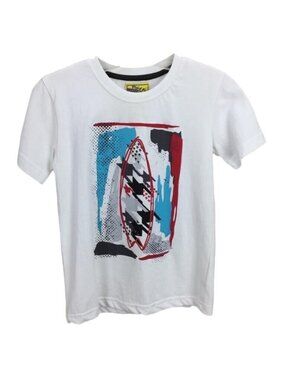 Plaid Fish Boys Graphic T-Shirt Size 5 / 6 White Surfboard Design Short Sleeve